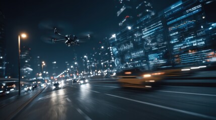 Future city with AI integrated data visualization, A futuristic city scene at night featuring a drone flying over illuminated streets and digital displays.