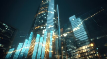 Future city with AI integrated data visualization, A futuristic cityscape featuring a tall skyscraper illuminated at night, complemented by digital graphs and data visualizations.