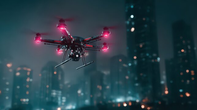 Future city with AI integrated data visualization, A sleek drone hovers above a cityscape at night, illuminated by urban lights and featuring a futuristic design.