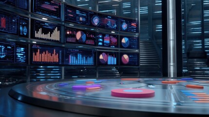 Future city with AI integrated data visualization, A high-tech control room with multiple screens displaying graphs and data analytics, featuring a circular table with colored disks.