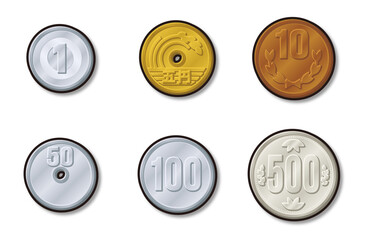 日本の硬貨 お金 コイン 黒フチ シャドウ