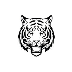 Intense tiger face portrait showcasing detailed stripes and fierce expression.