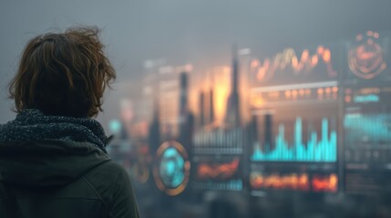 Future city with AI integrated data visualization, A person gazes at futuristic data visualizations against a city skyline, blending technology and urban life in an atmospheric setting.