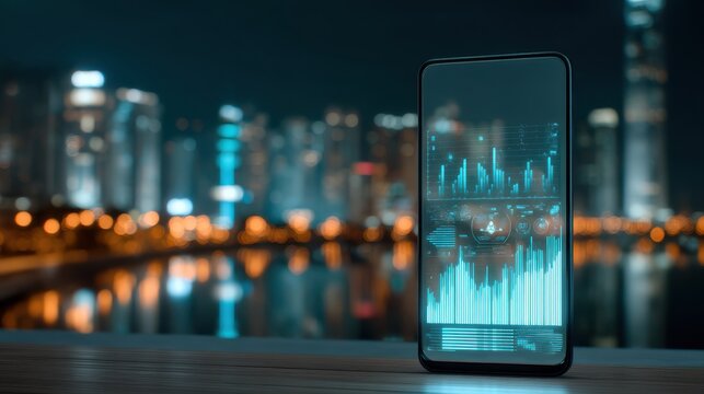 Future city with AI integrated data visualization, A smartphone displaying digital analytics against a city skyline at night, featuring glowing graphs and data visuals.