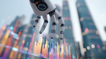 Future city with AI integrated data visualization, A robotic hand reaches towards colorful data graphs against a backdrop of modern skyscrapers, technology and innovation in urban settings