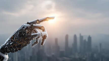 Future city with AI integrated data visualization, A futuristic robotic hand reaching towards the sun over a city skyline, symbolizing technology and innovation.