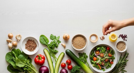 Vibrant Plant-Based Salad Preparation: Hand Seasoning a Fresh Meal with Wholesome Ingredients on White Table, Flat Lay.