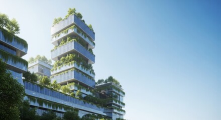 Futuristic Sustainable Skyscrapers with Green Terraces and Solar Panels Under a Clear Sky