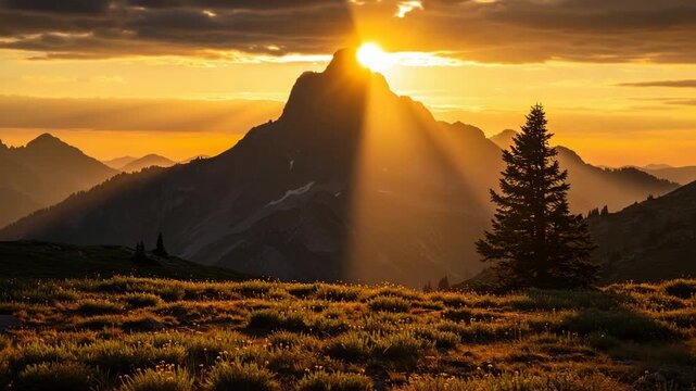 Golden sunbeams pierce through clouds over majestic mountain range