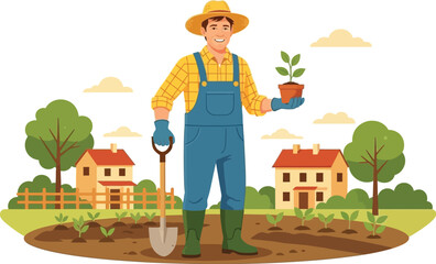 Cheerful farmer in straw hat and overalls holds a young plant, standing in a lush field with houses and trees in background