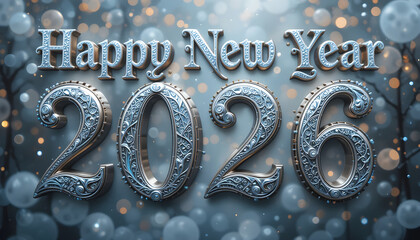 Happy New Year 2026 ornate metallic text with bokeh lights image
