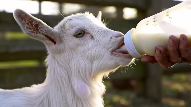 Cute goat kid feeding