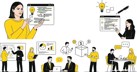 Dynamic team collaborating on innovative solutions, presenting data analysis, and brainstorming ideas for modern business growth and financial success