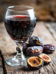 Glass of Dark Red Wine with Dried Figs and Dates on Wooden Table