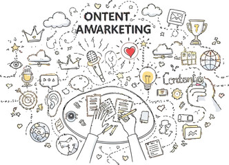 Brainstorming content marketing ideas for business growth, a vibrant illustration for brand strategy and digital engagement with hand-drawn doodles