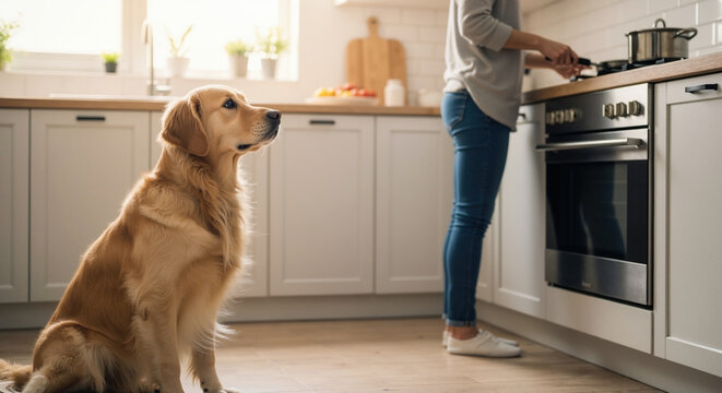 Golden retriever dog sitting patiently in modern kitchen watching owner prepare meal at stove. Pet companionship concept for domestic animals and family cooking routine activities