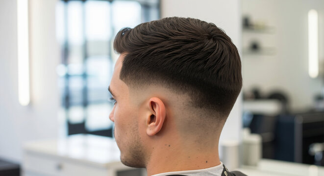 Fresh modern haircut with fade showing back and sides in barbershop setting. Men hairstyling and grooming services for barbershop marketing and hair salon promotional campaigns