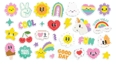 Express yourself with this fun collection of colorful retro stickers, perfect for adding a touch of joy and whimsy to any creative project!