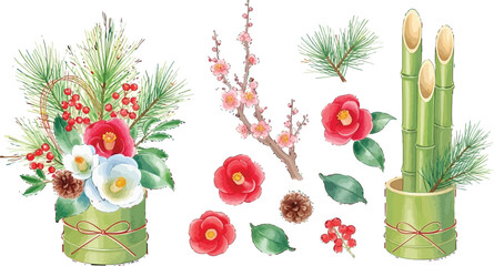 Elegant watercolor Japanese New Year Kadomatsu arrangement with pine, plum blossoms, bamboo, and camellia flowers for festive celebrations and design