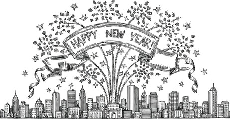 Celebrate the New Year with this stylish black and white cityscape featuring a festive Happy New Year banner and sparkling fireworks display