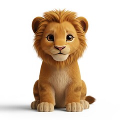 Adorable lion cub sitting patiently on white background