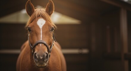 A close-up portrait of a brown horse with a white blaze in a stable. Equestrian farm animal looking at the camera. Warm lighting with copy space