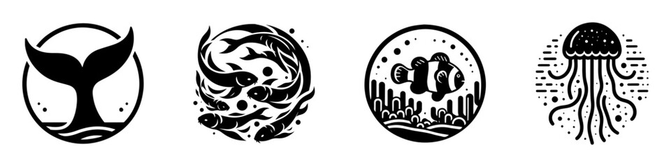 Obraz premium Underwater Life: Whales Fish Clownfish and Jellyfish Icons.