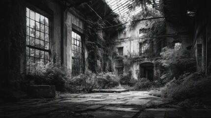 Grayscale view inside of an old dilapidated factory with greenery growing all over it