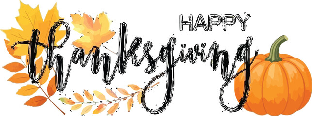 Celebrate a happy Thanksgiving with seasonal fall leaves and pumpkin for festive invitations or autumnal greetings, perfect for autumn gatherings