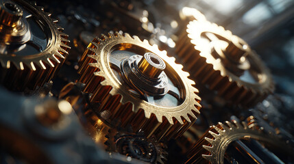 A macro shot of intricate, interlocking metal gears and cogs working together in perfect synchronization, symbolizing teamwork, industrial processes, and precision engineering.