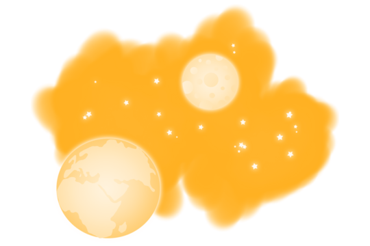 Abstract cosmic nebula with planetary bodies and scattered stars in vibrant orange and dark tones