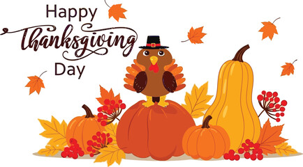 Festive Thanksgiving Day celebration with whimsical turkey atop pumpkins and colorful autumn leaves, perfect for holiday greetings and seasonal promotions