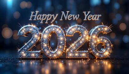 Sparkling 2026 numbers with Happy New Year text on dark background celebration