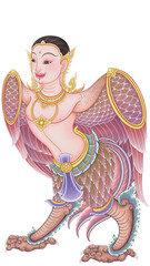 An illustration of Himmapan animals A person appears in the top portion, while a winged bird appears in the lower portion