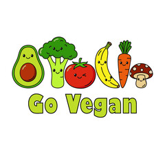 Vector Illustration of Cute Cartoon Vegan Food Characters. Go Vegan Happy Food Friends - Adorable Plant-Based Diet Characters.
