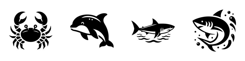 Fototapeta premium Marine Life Collection: Crab Dolphin Shark and Ocean Creatures.