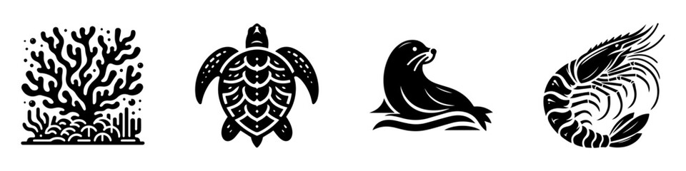 Naklejka premium Marine Life Illustration: Coral Turtle Seal and Nautilus.