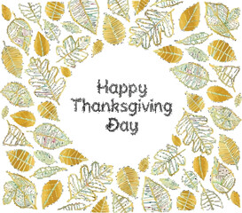 Golden autumn leaves frame a Happy Thanksgiving Day message creating a warm and inviting seasonal design, perfect for fall greetings and festive promotions