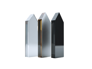 Three sculpted, crystal-like pillars, light gray, silver, and dark gray, with a golden section separating them