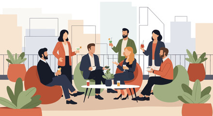 Group of professionals enjoying cocktails at a corporate rooftop social gathering vector
