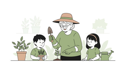 Grandmother and Grandchildren Planting Together in a Garden Illustration Style Image