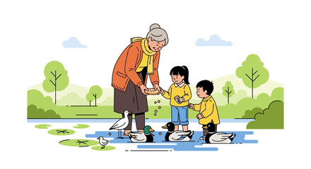Grandmother and Grandchildren Feeding Ducks in a Peaceful Park Illustration