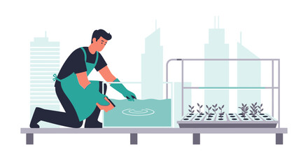 Hydroponics farming illustration with man cultivating plants in urban rooftop farm setting