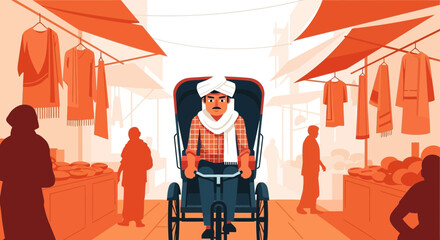 Illustrated rickshaw driver navigates a bustling market street in India illustration vector