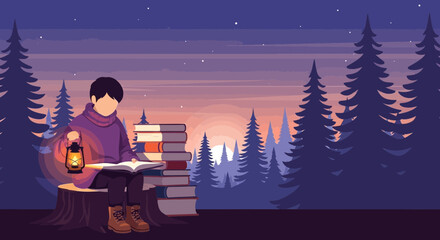 Illustration of a boy reading a book in a forest at sunset with a lantern sitting on a tree stump