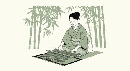 Illustration of a Japanese woman weaving bamboo mat in traditional kimono with bamboo background