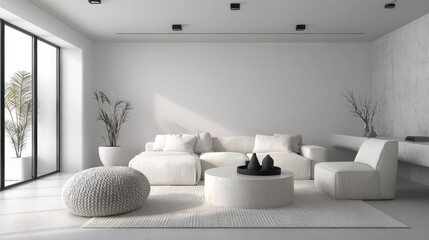 Minimalist, sunlit living room with white sofa, round table, and textured wall, peaceful ambiance