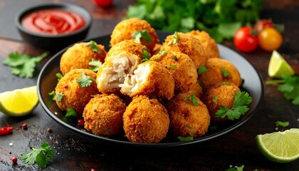 Crispy fried food balls on a dark plate