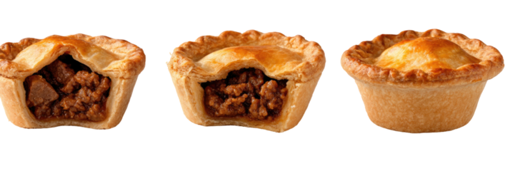 Three meat pies, two are sliced, on a dark background