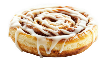 Delicious cinnamon roll with sweet icing close up view on transparent background